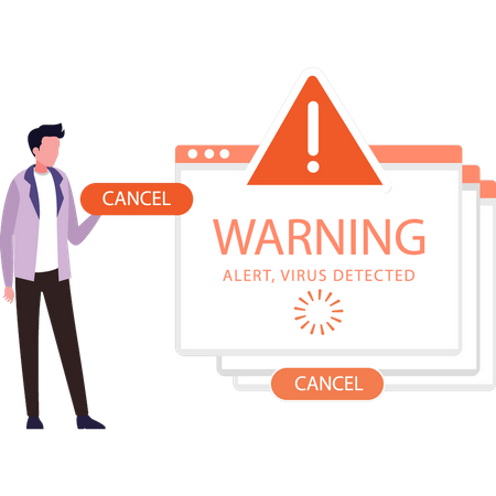 Boy looking at web page warning  Illustration