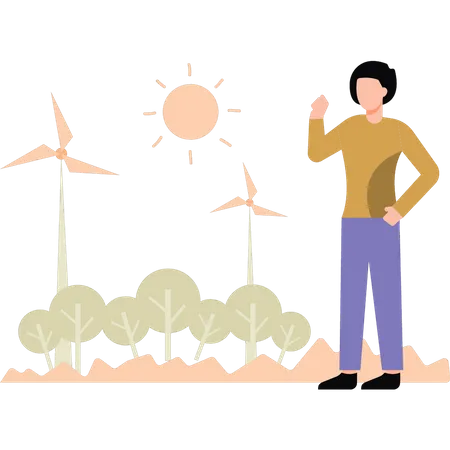 Boy looking at windmill  Illustration