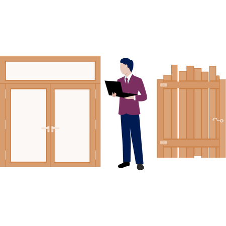 Boy looking at wooden door  Illustration