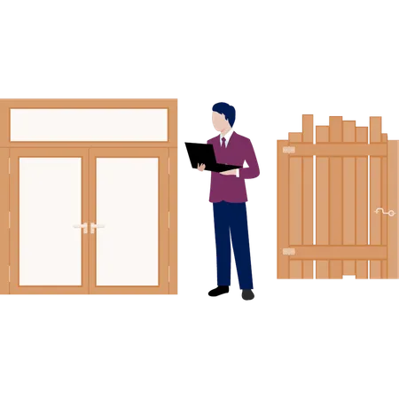 Boy looking at wooden door  Illustration