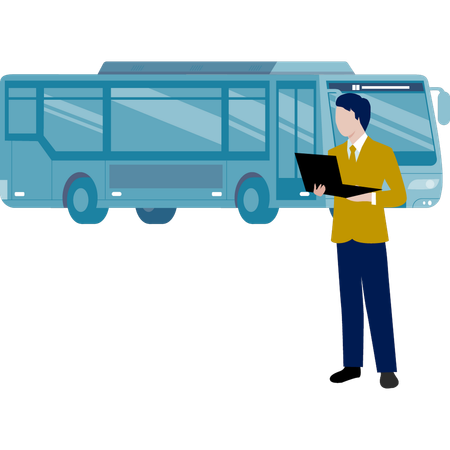 Boy looking for bus time on laptop  Illustration