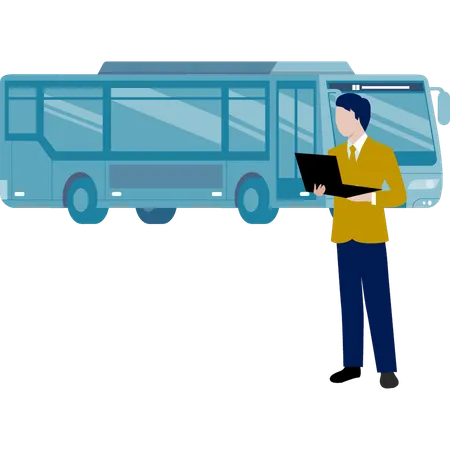 Boy looking for bus time on laptop  Illustration