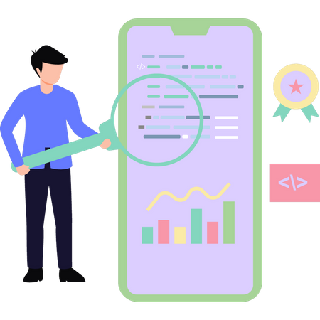 Boy looking for coding graph  Illustration