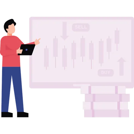 Boy looking up and down in stock market  Illustration