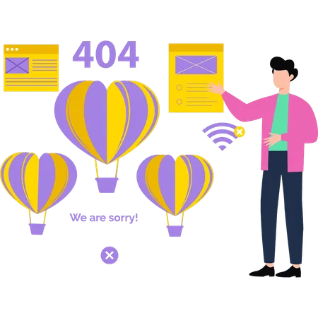 Boy looks at a 404 error parachute  Illustration