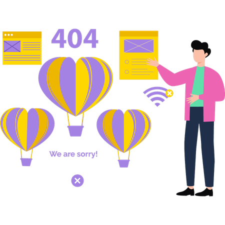 Boy looks at a 404 error parachute  Illustration