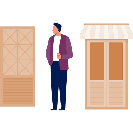 Boy looks at door design  Illustration