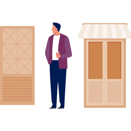 Boy looks at door design  Illustration