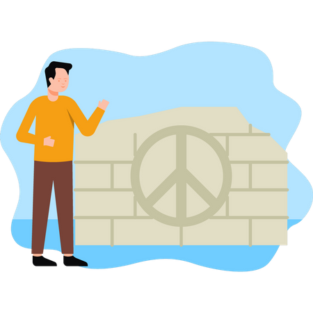 Boy looks at peace sign on wall Illustration