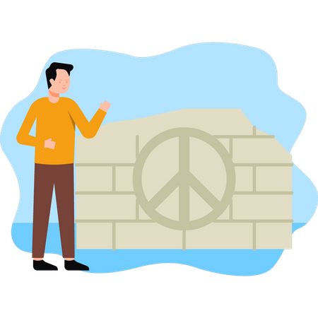 Boy looks at peace sign on wall  Illustration