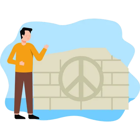 Boy looks at peace sign on wall  Illustration