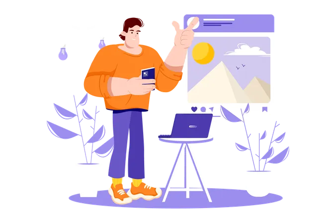 Social Network Violet Concept With People Scene In The Flat Cartoon Design A Guy Looks At A Picture That His Friend Posted On A Social Network Vector Illustration Illustration