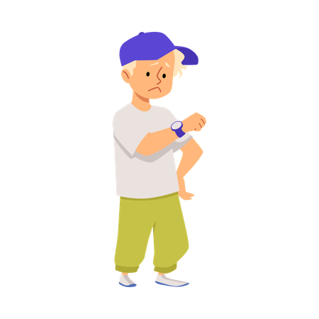 Boy looks sadly at his discharged smartwatch  Illustration