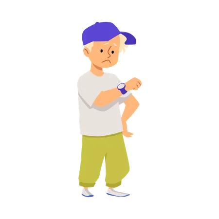 Boy looks sadly at his discharged smartwatch  Illustration