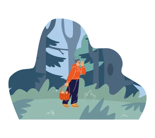 Boy lost in the forest who is calling for help  Illustration