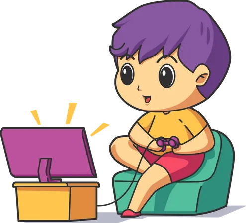 Boy love video game while sitting on couch  Illustration