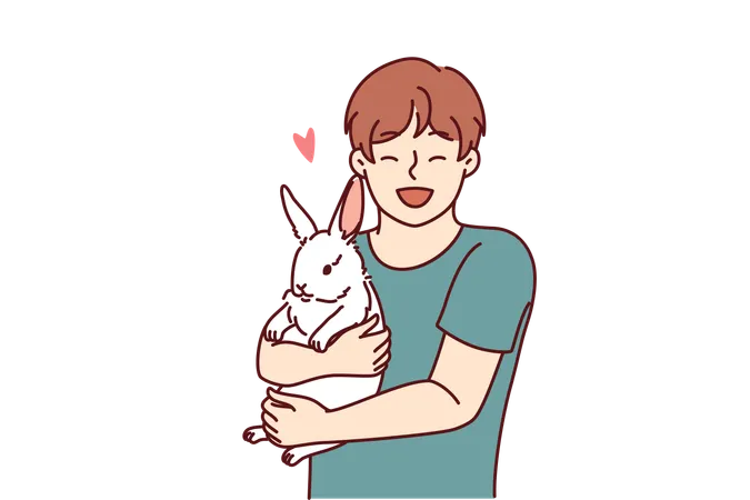 Boy With Little Rabbit Laugh Hugging Beloved Pet For Concept Of Love For Domestic Animals Happy Child With White Eared Rabbit For Advertising Pet Store With Goods For Pets And Their Owners Illustration