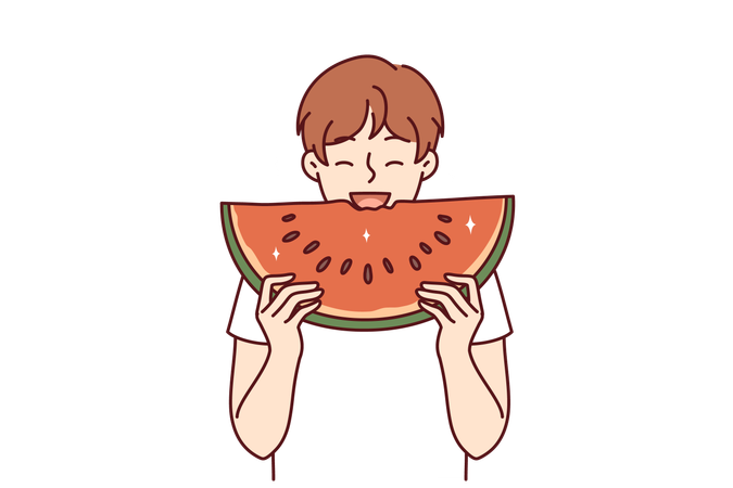 Boy loves to eat watermelon  イラスト