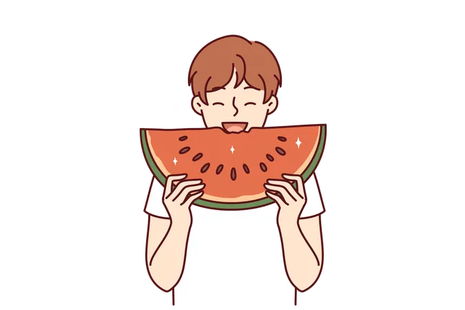 Little Boy Eats Watermelon And Smiles Enjoying Taste Of Juicy Fruit That Allows To Refresh In Hot Summer Weather Happy Child Bites Piece Watermelon Containing Useful Vitamins And Substances Illustration