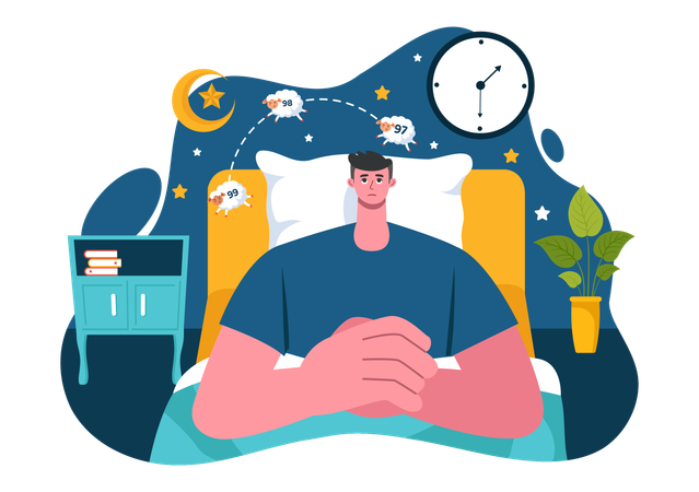 Boy lying awake and Thinking with Eyes Open at Night  Illustration