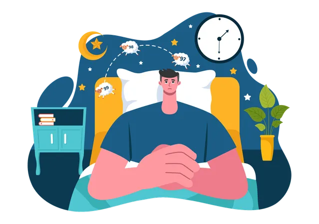 Boy lying awake and Thinking with Eyes Open at Night  Illustration