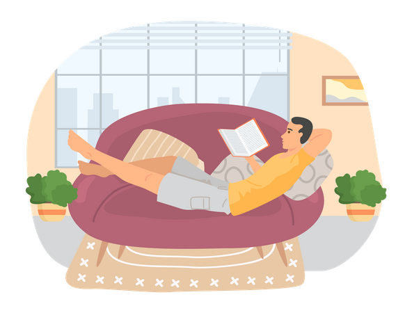 Boy lying on couch and reading interesting book  Illustration