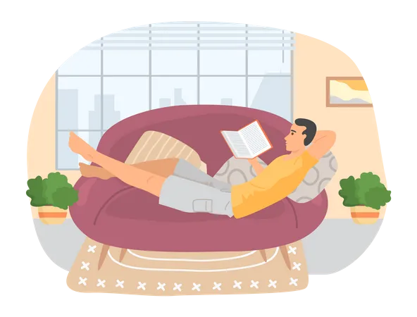 Boy lying on couch and reading interesting book  Illustration