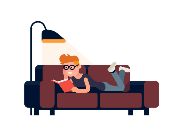 Boy lying on couch reading book Illustration