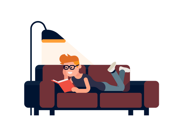 Boy lying on couch reading book  Illustration