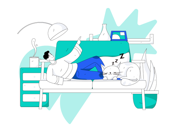 Boy lying on couch with sleeping cat  Illustration