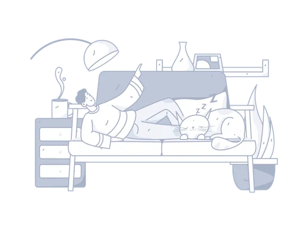 Boy lying on couch with sleeping cat  Illustration