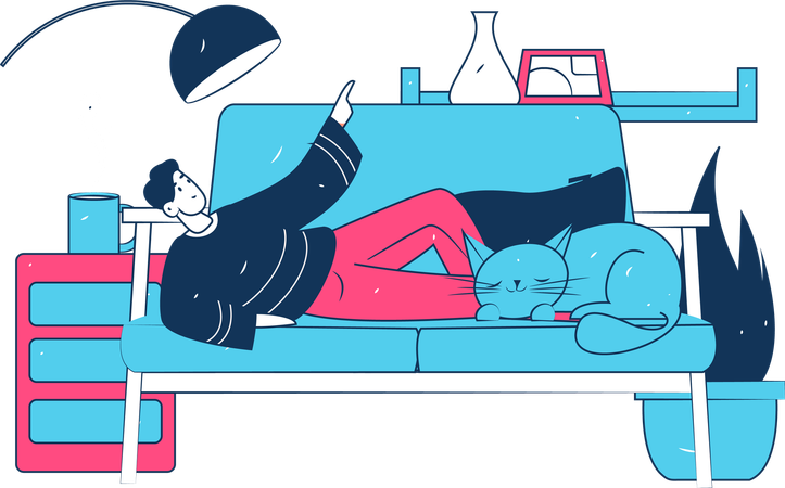 Boy lying on couch with sleeping cat  Illustration