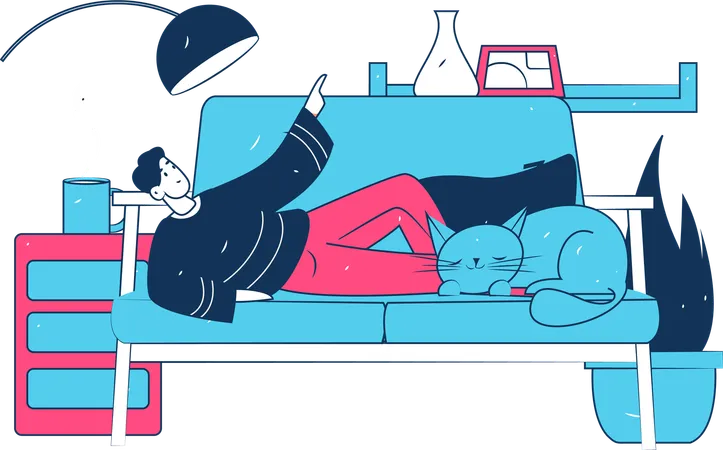 Boy lying on couch with sleeping cat  Illustration