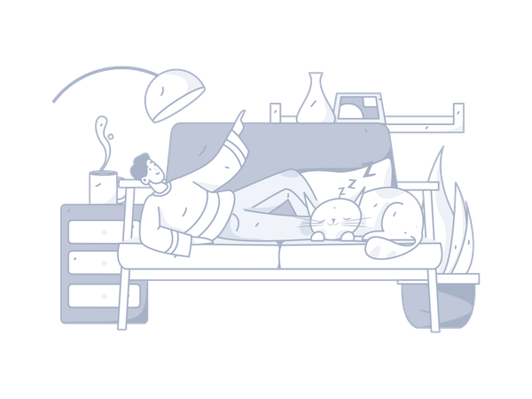 Boy lying on couch with sleeping cat  Illustration