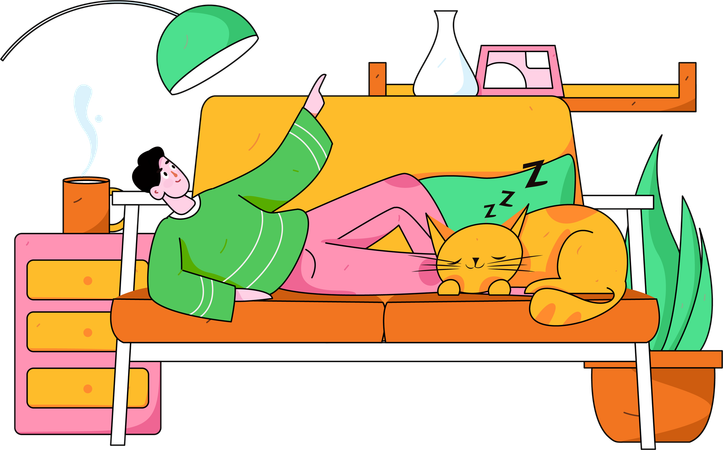 Boy lying on couch with sleeping cat  Illustration