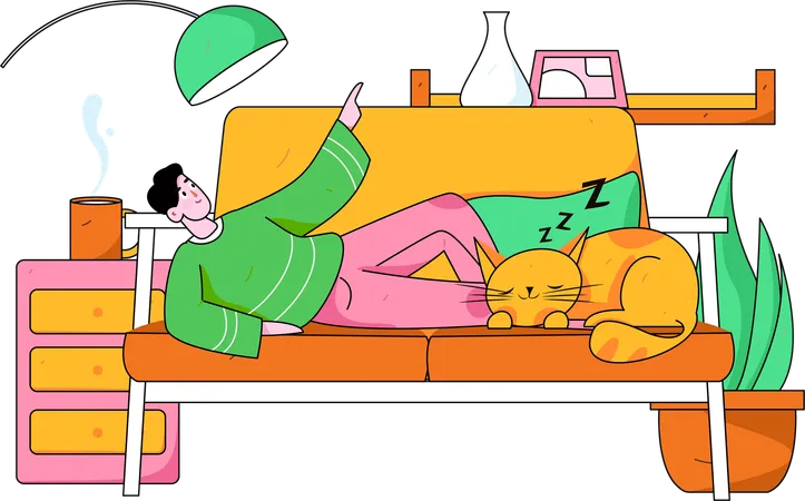 Boy lying on couch with sleeping cat  Illustration