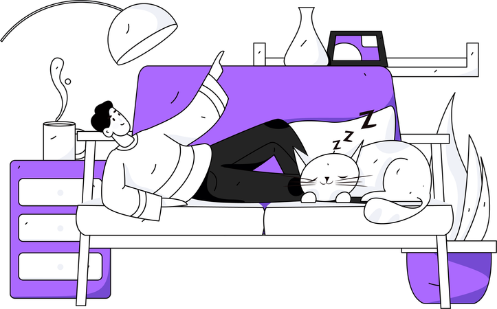 Boy lying on couch with sleeping cat  Illustration