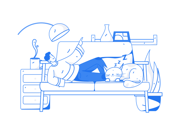 Boy lying on couch with sleeping cat  Illustration