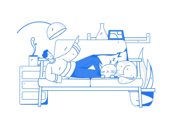 Boy lying on couch with sleeping cat  Illustration