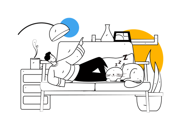 Boy lying on couch with sleeping cat  Illustration