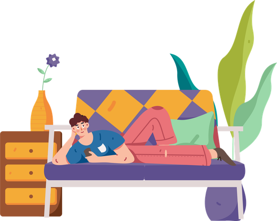 Boy lying on sofa while watching tv at home  Illustration