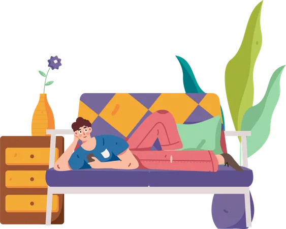 Boy lying on sofa while watching tv at home  Illustration