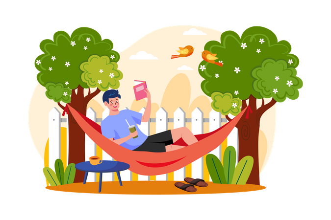 Boy lying on the tree swing  Illustration