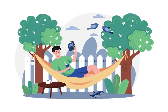 Boy lying on the tree swing  Illustration