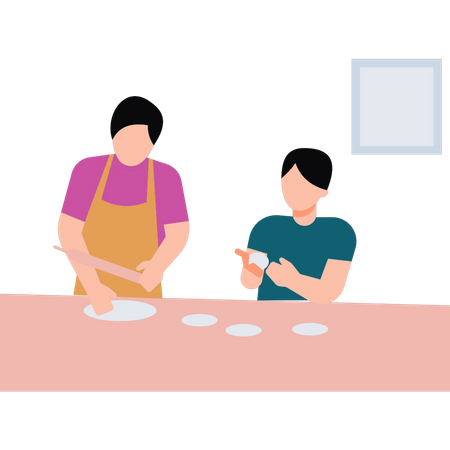 Boy making bread with mother Illustration