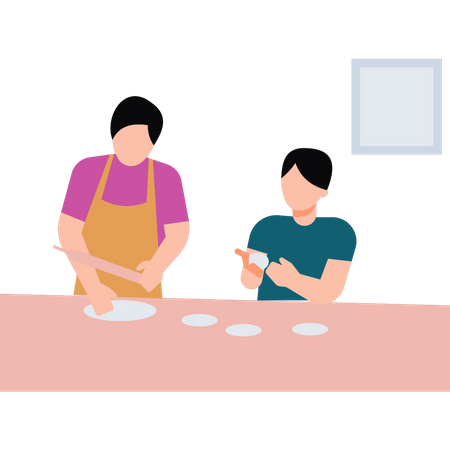 Boy making bread with mother  Illustration