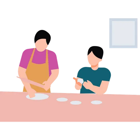 Boy making bread with mother  Illustration