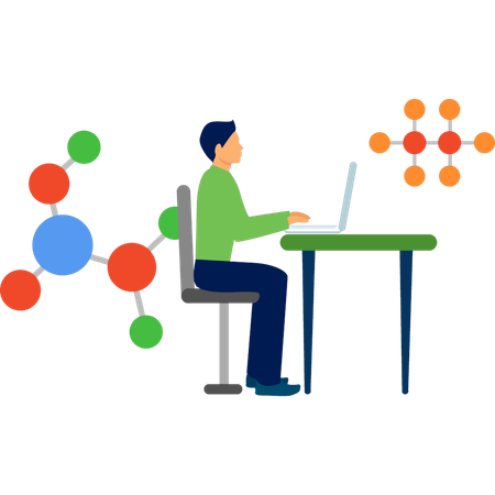 Boy making chemical structure on laptop  Illustration
