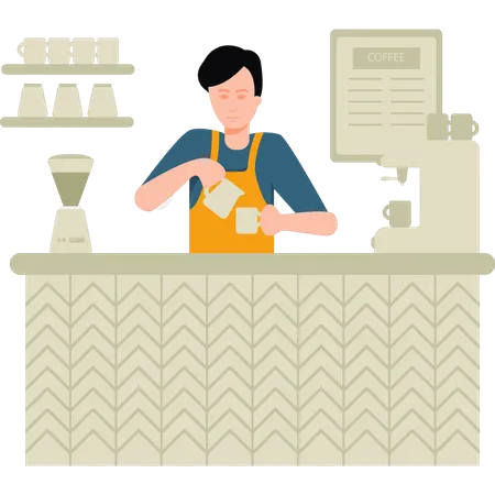 The Boy Is Making Coffee In The Cafe Illustration