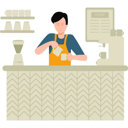 Boy making coffee in cafe  Illustration